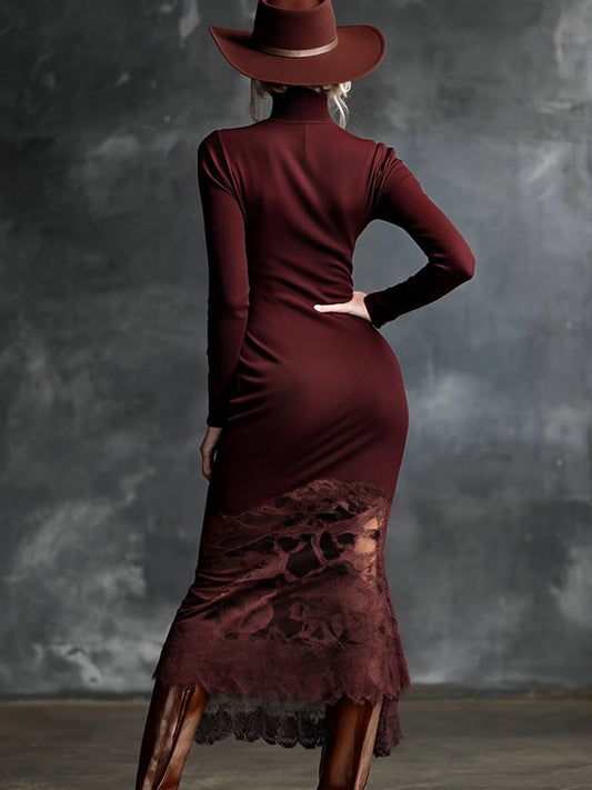 ZT High-Neck Lace Hem Burgundy Knitted Maxi Dress