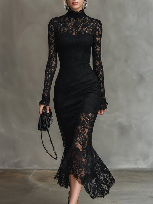 GY Stretch Lace Fishtail Maxi Dress Black Formal Gown