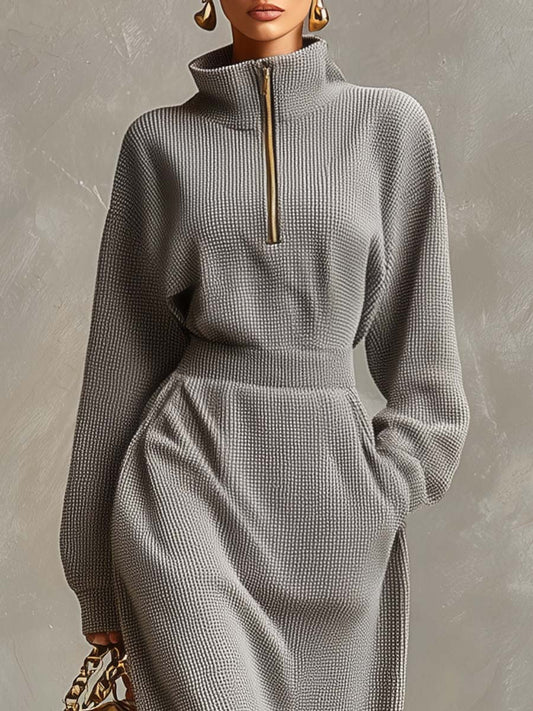 CSS Waffle Fabric Maxi Dress Front Zipper Light Gray