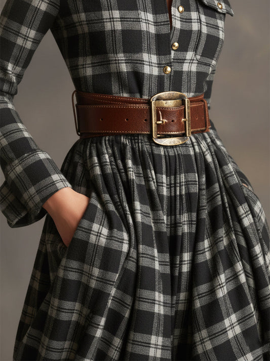 GY Retro Ethnic Lapel Plaid Long Sleeve Maxi Dress