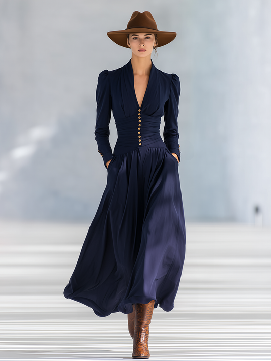 Elegant Button-Decorated V-Neck Long-Sleeved Maxi Dress Cotton Blend