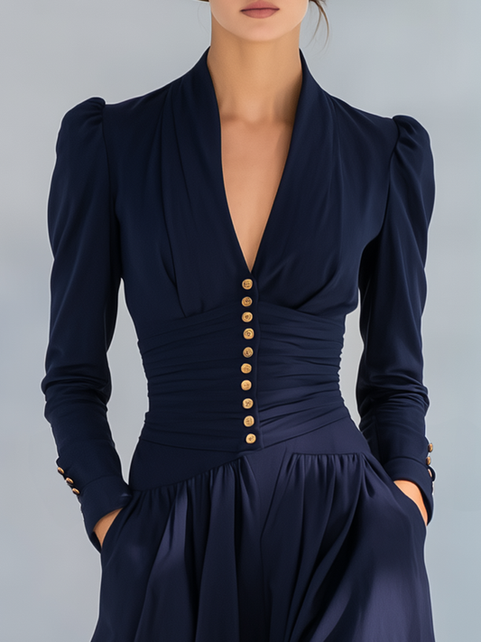 Elegant Button-Decorated V-Neck Long-Sleeved Maxi Dress Cotton Blend