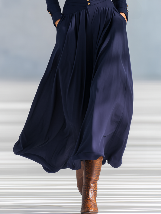 Elegant Button-Decorated V-Neck Long-Sleeved Maxi Dress Cotton Blend