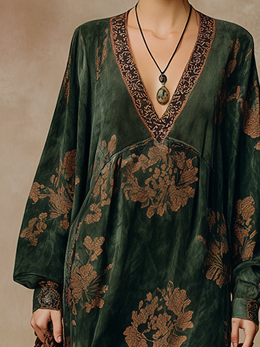 Retro Faux Suede Tassel Maxi Dress V-Neck Printed Green
