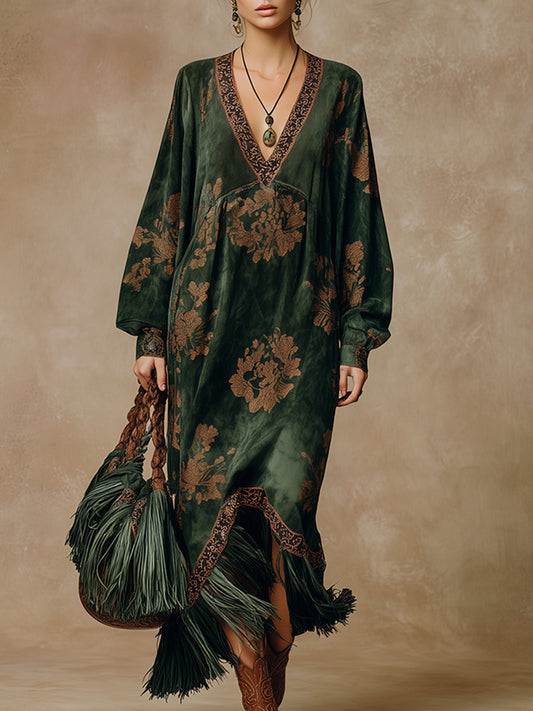 Retro Faux Suede Tassel Maxi Dress V-Neck Printed Green