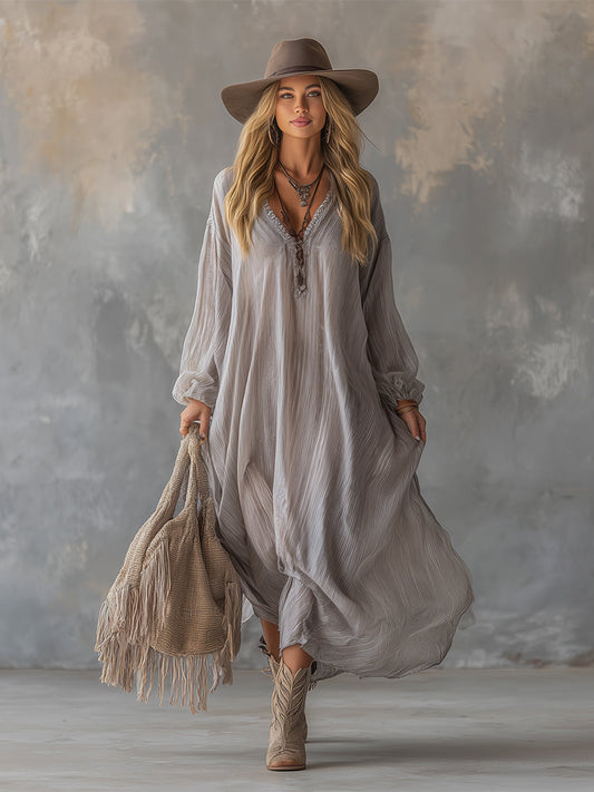 GY V-neck Crinkled Chiffon Maxi Dress Light Gray