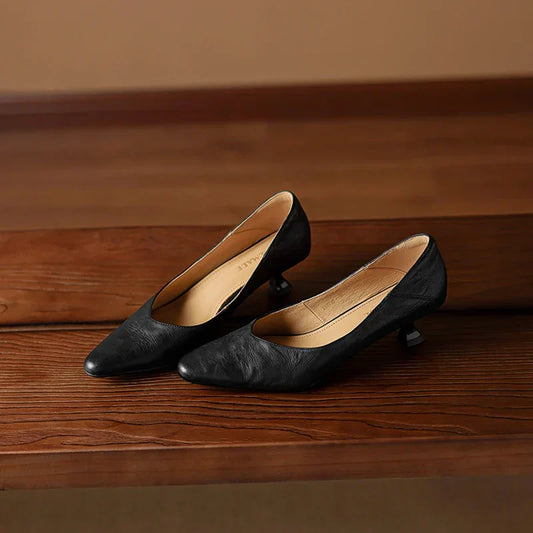 Amelier Women's Leather Pumps Pointed Toe Kitten Heel