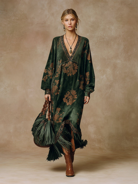 Retro Faux Suede Tassel Maxi Dress V-Neck Printed Green