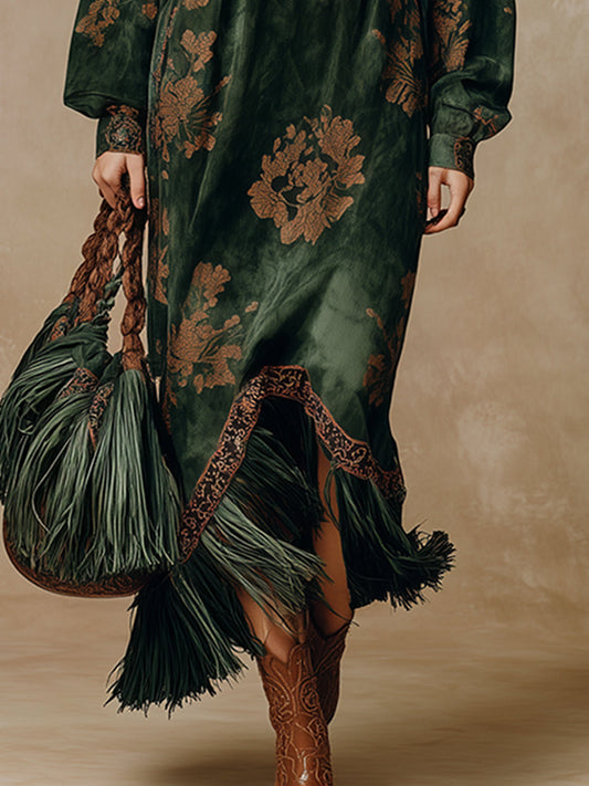 Retro Faux Suede Tassel Maxi Dress V-Neck Printed Green