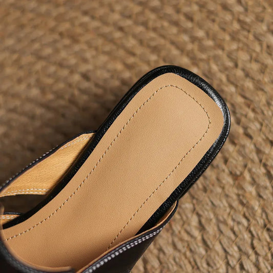 Amelier Women's Leather Mules Square Toe Block Heel Apricot