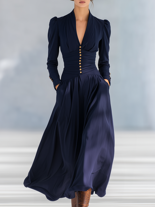 Elegant Button-Decorated V-Neck Long-Sleeved Maxi Dress Cotton Blend