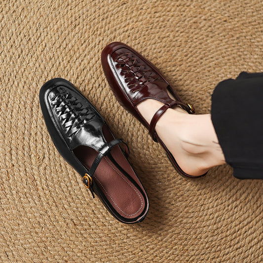 Amelier Women's Genuine Leather Woven Mules Slip-On Brown