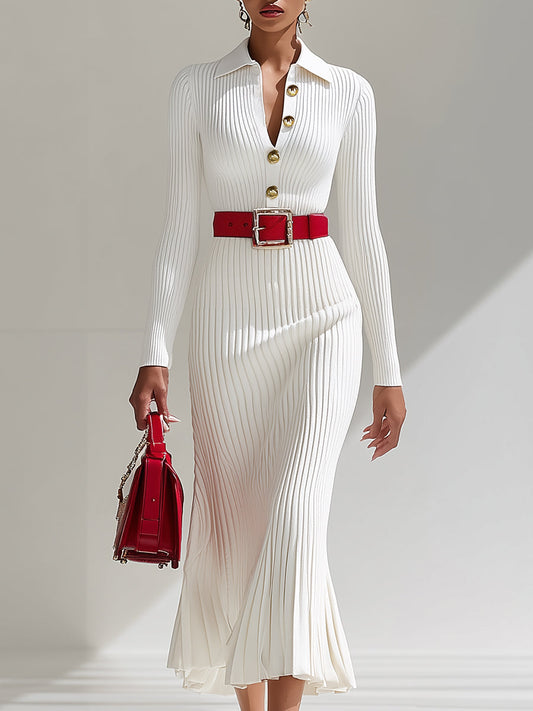 QMY Wool Lapel Button Design Maxi Dress White