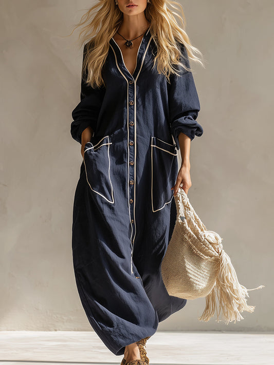 Cotton Linen Maxi Dress Navy Blue Urban Style Loose