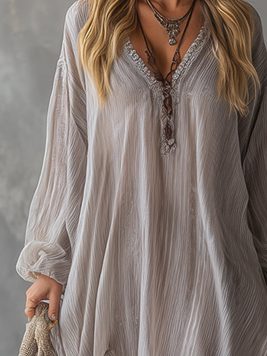 GY V-neck Crinkled Chiffon Maxi Dress Light Gray