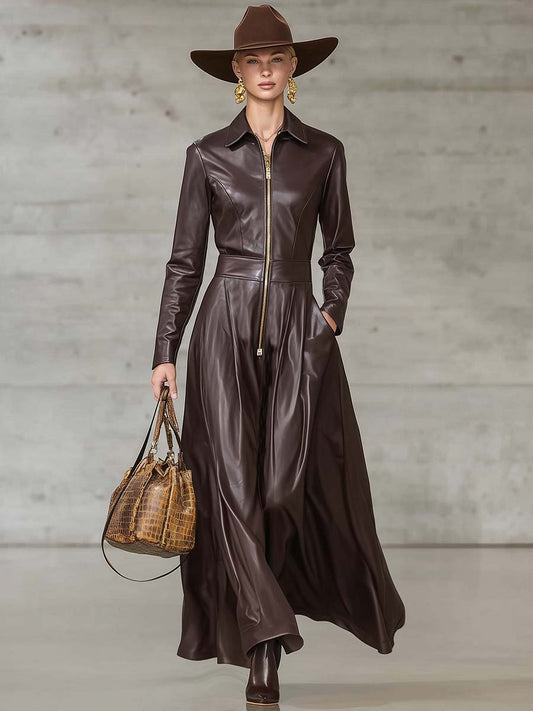 CSS Faux Leather Maxi Dress Front Zipper Long Sleeve Brown