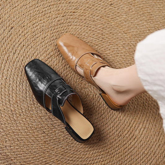 Amelier Women's Leather Mules Square Toe Block Heel Apricot