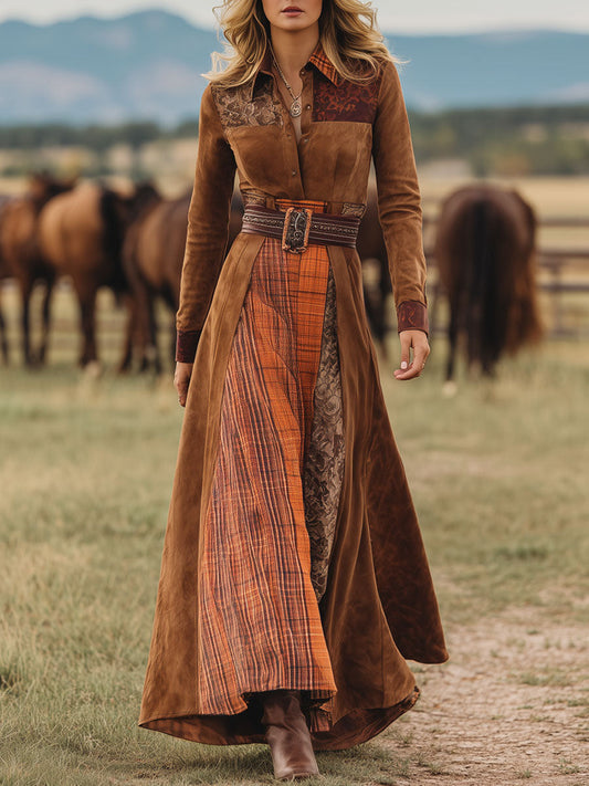 BXL Western Retro Faux Suede Plaid Maxi Dress Caramel