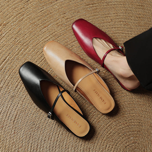 Amelier Women's Leather Mary Jane Mules Square Toe Apricot