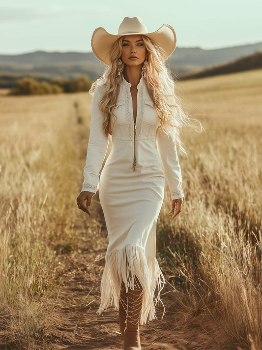 GY Faux Denim Maxi Dress Western Half-Zip Tassel Off-White