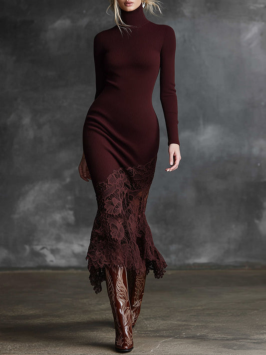 ZT High-Neck Lace Hem Burgundy Knitted Maxi Dress