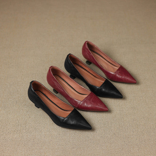 Amelier Women's Leather Pumps Pointed Toe Kitten Heel Maroon