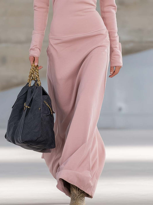 Elegant Retro Sporty V-neck Front Zipper Long-sleeved Maxi Dress