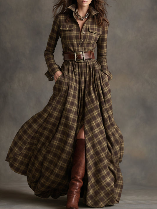 GY Retro Ethnic Lapel Plaid Long Sleeve Maxi Dress