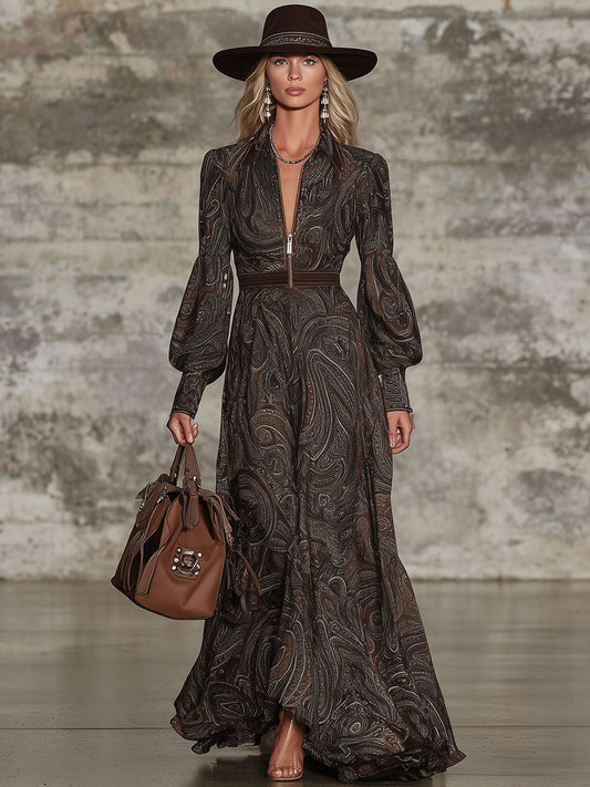 XWC Fashion Retro Paisley Pattern Zipper Maxi Dress Long Sleeve