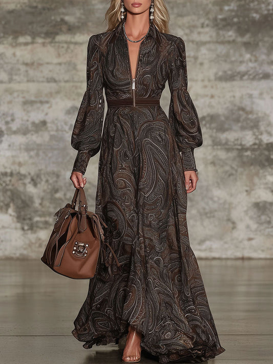 XWC Fashion Retro Paisley Pattern Zipper Maxi Dress Long Sleeve