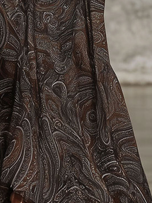 XWC Fashion Retro Paisley Pattern Zipper Maxi Dress Long Sleeve
