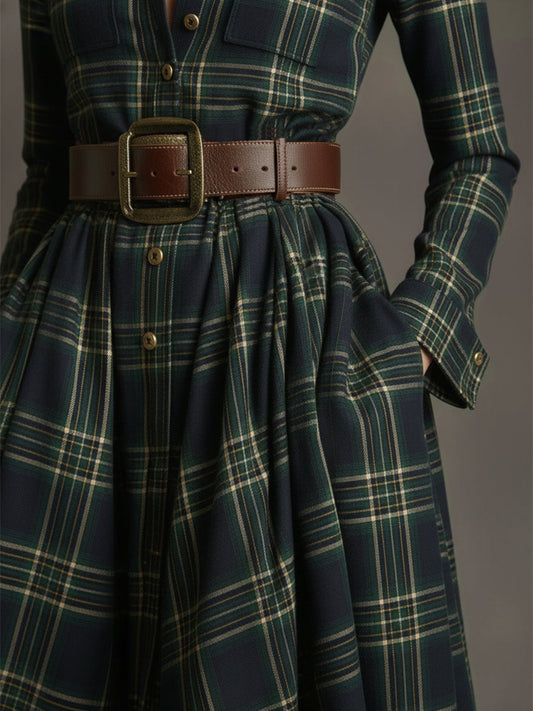 GY Retro Ethnic Lapel Plaid Long Sleeve Maxi Dress