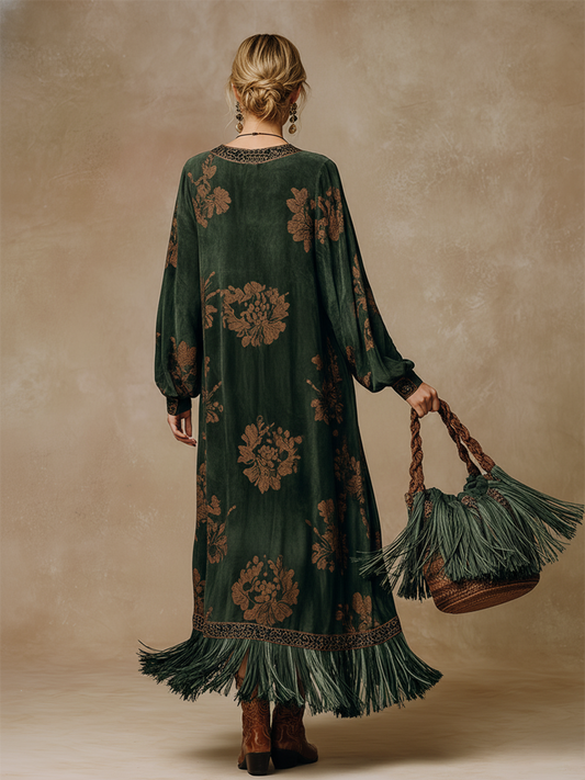 Retro Faux Suede Tassel Maxi Dress V-Neck Printed Green