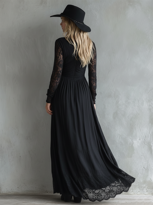 ZT Western-Style Lace-Paneled Long Sleeve Split Maxi Dress Black