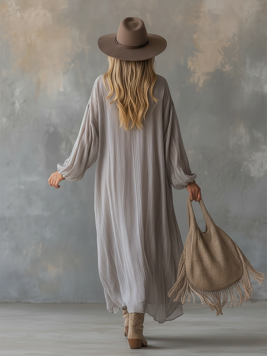 GY V-neck Crinkled Chiffon Maxi Dress Light Gray