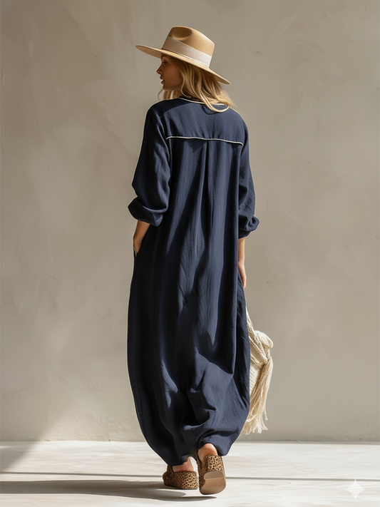Cotton Linen Maxi Dress Navy Blue Urban Style Loose