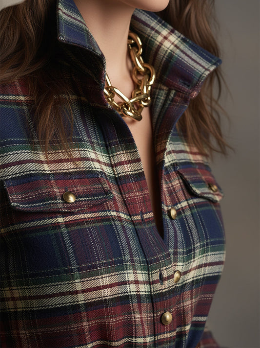 GY Retro Ethnic Lapel Plaid Long Sleeve Maxi Dress