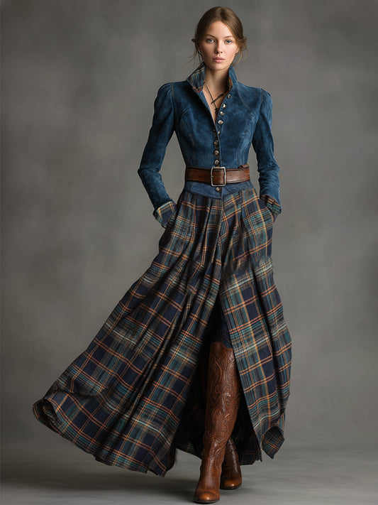 Retro Ethnic Belted Blue Faux Suede Plaid Maxi Dress