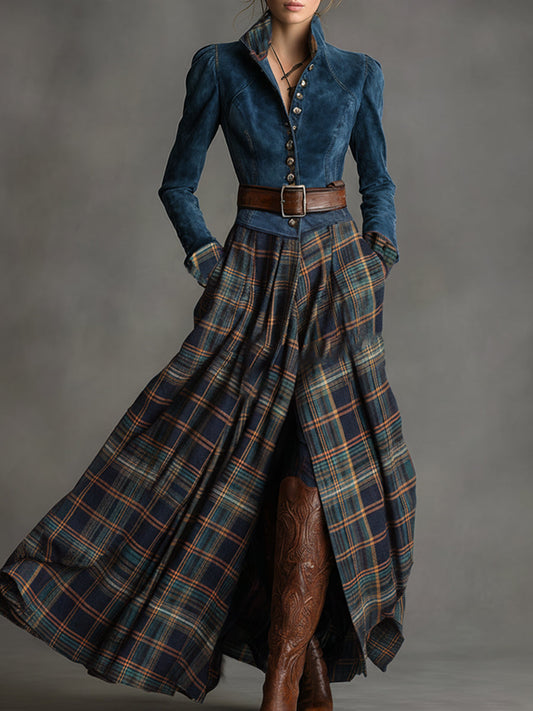 Retro Ethnic Belted Blue Faux Suede Plaid Maxi Dress