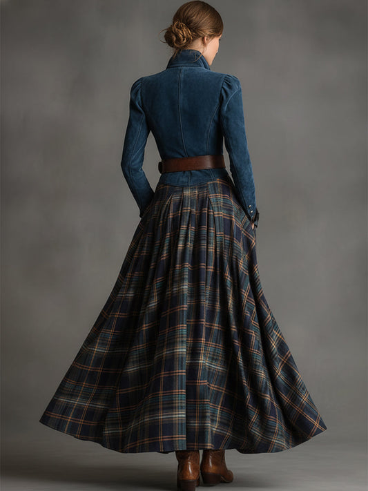 Retro Ethnic Belted Blue Faux Suede Plaid Maxi Dress