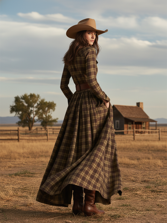 GY Retro Ethnic Lapel Plaid Long Sleeve Maxi Dress