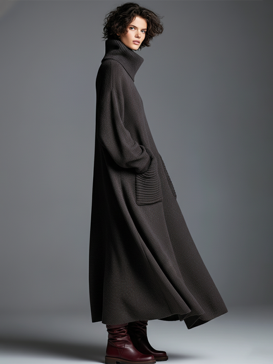 Loose Neckline Knitted Maxi Dress Long Sleeve Brown