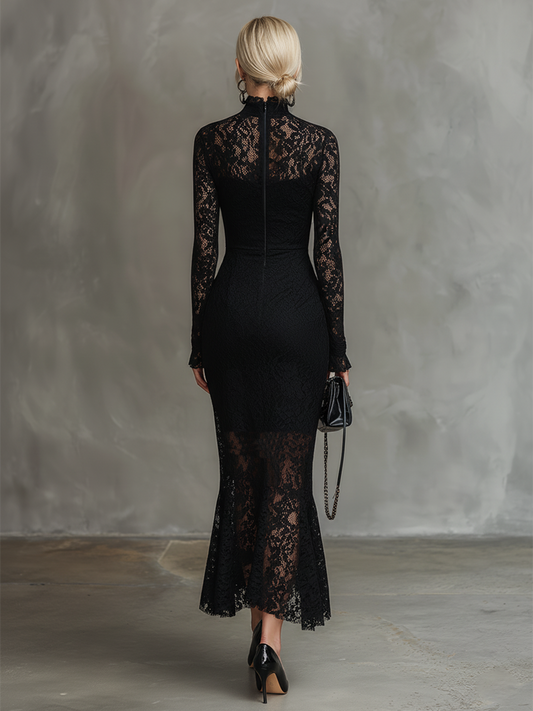 GY Stretch Lace Fishtail Maxi Dress Black Formal Gown