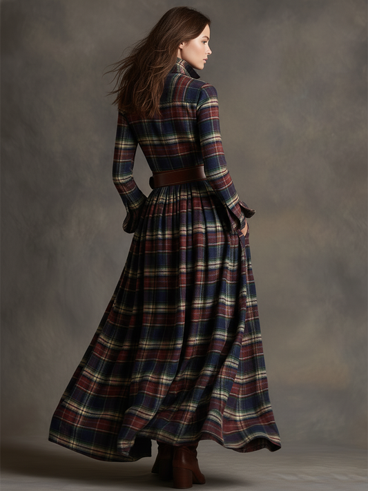 GY Retro Ethnic Lapel Plaid Long Sleeve Maxi Dress
