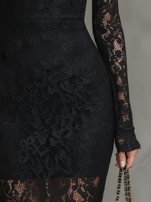 GY Stretch Lace Fishtail Maxi Dress Black Formal Gown