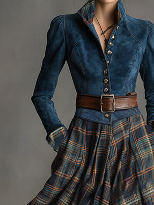 Retro Ethnic Belted Blue Faux Suede Plaid Maxi Dress