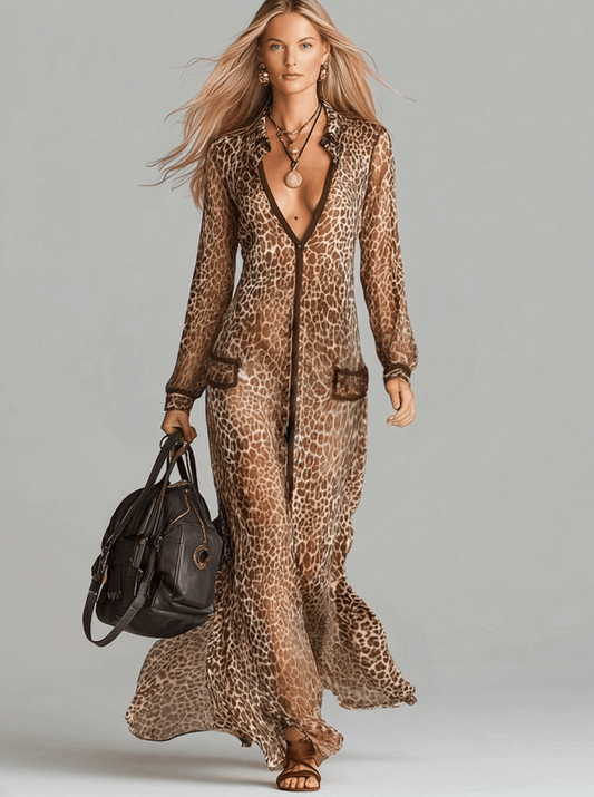 BXL Brown Chiffon Leopard Print Long Sleeve Maxi Dress