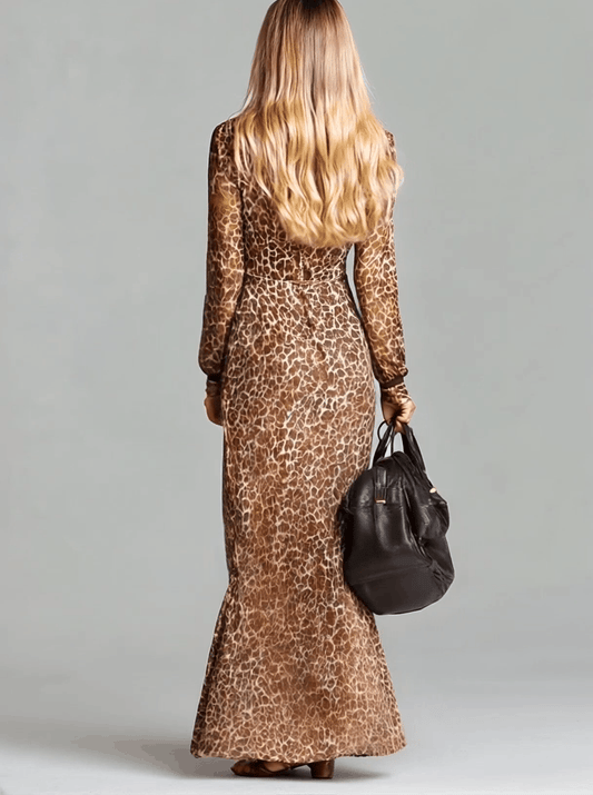 BXL Brown Chiffon Leopard Print Long Sleeve Maxi Dress