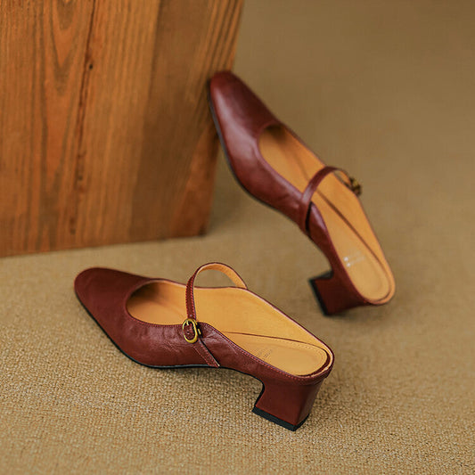 Amelier Women's Leather Mary Jane Mules Slip-On Maroon