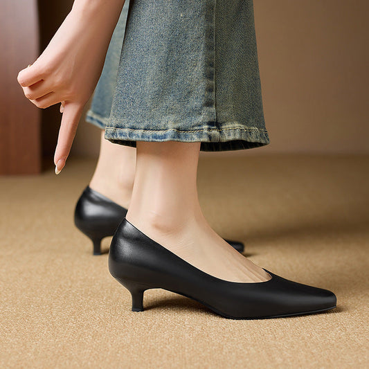 Amelier Women's Leather Pumps Kitten Heel Pointed Toe Brown